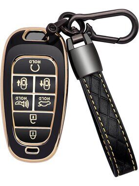 Leather Key Fob Cover for 7 Button Car Keys - Soft TPU 360° Protection, Black